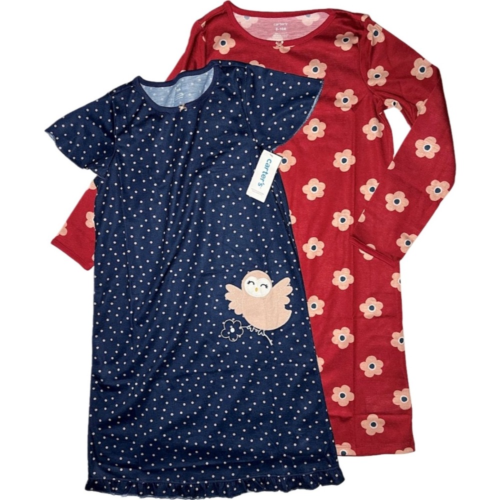 Carters Owl Flower Nightgown Lot Girl 8 10 Long Short Sleeve Red Navy Polka Dot